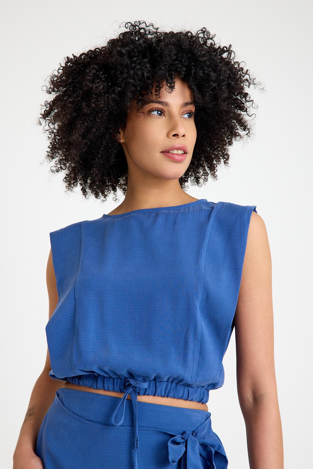 Beli Bağlamalı Bluz - Mavi