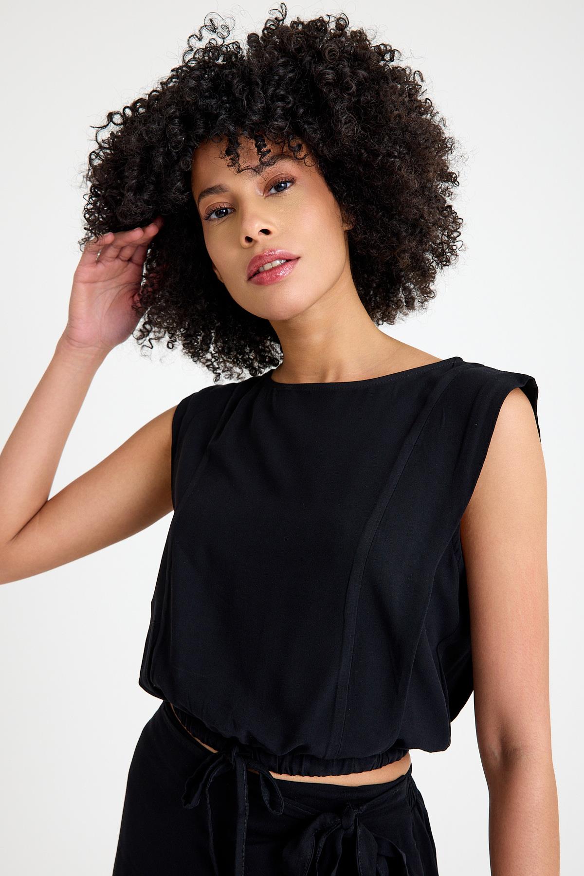 Beli Bağlamalı Bluz - Siyah