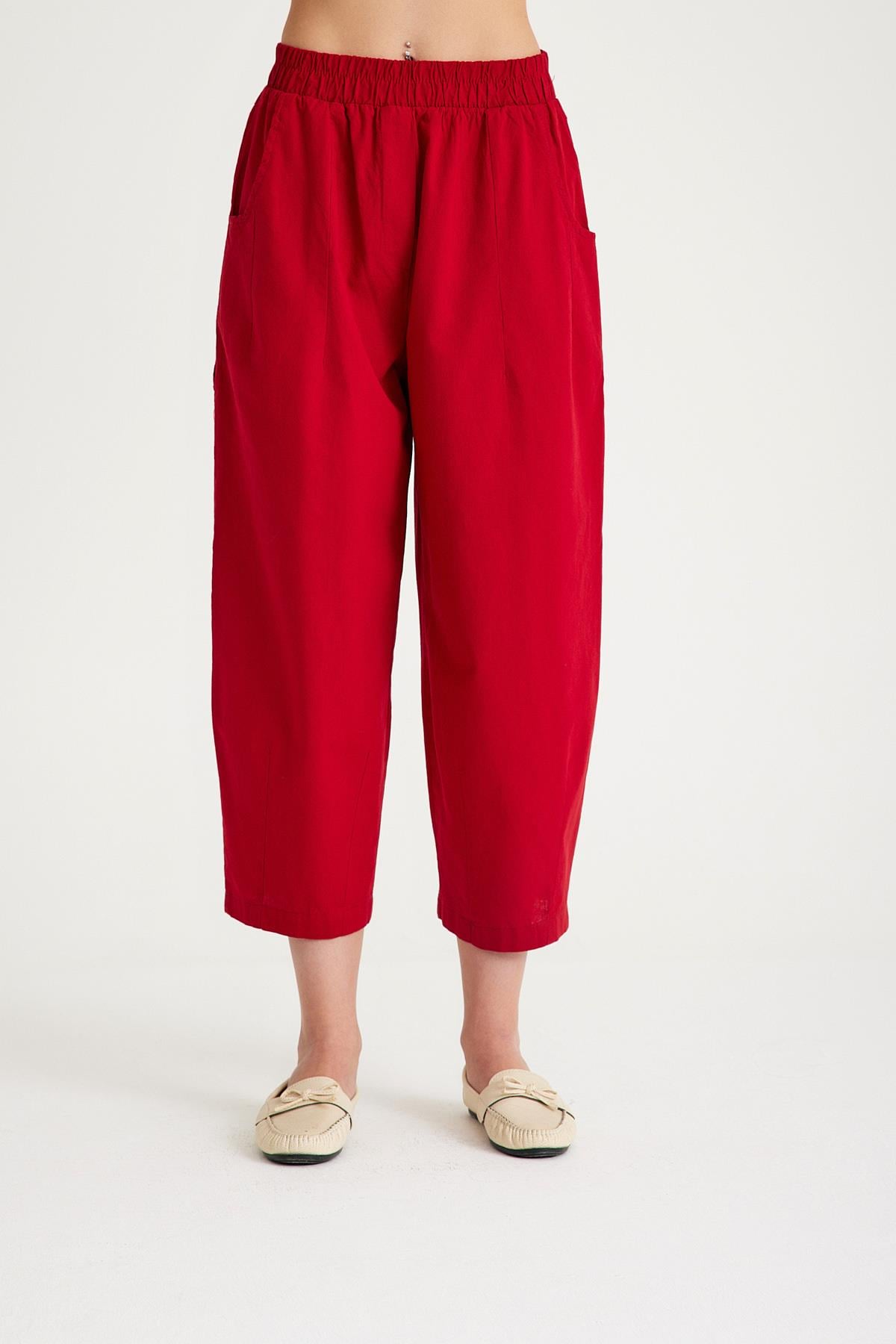 Beli Lastikli Pantolon - Bordo