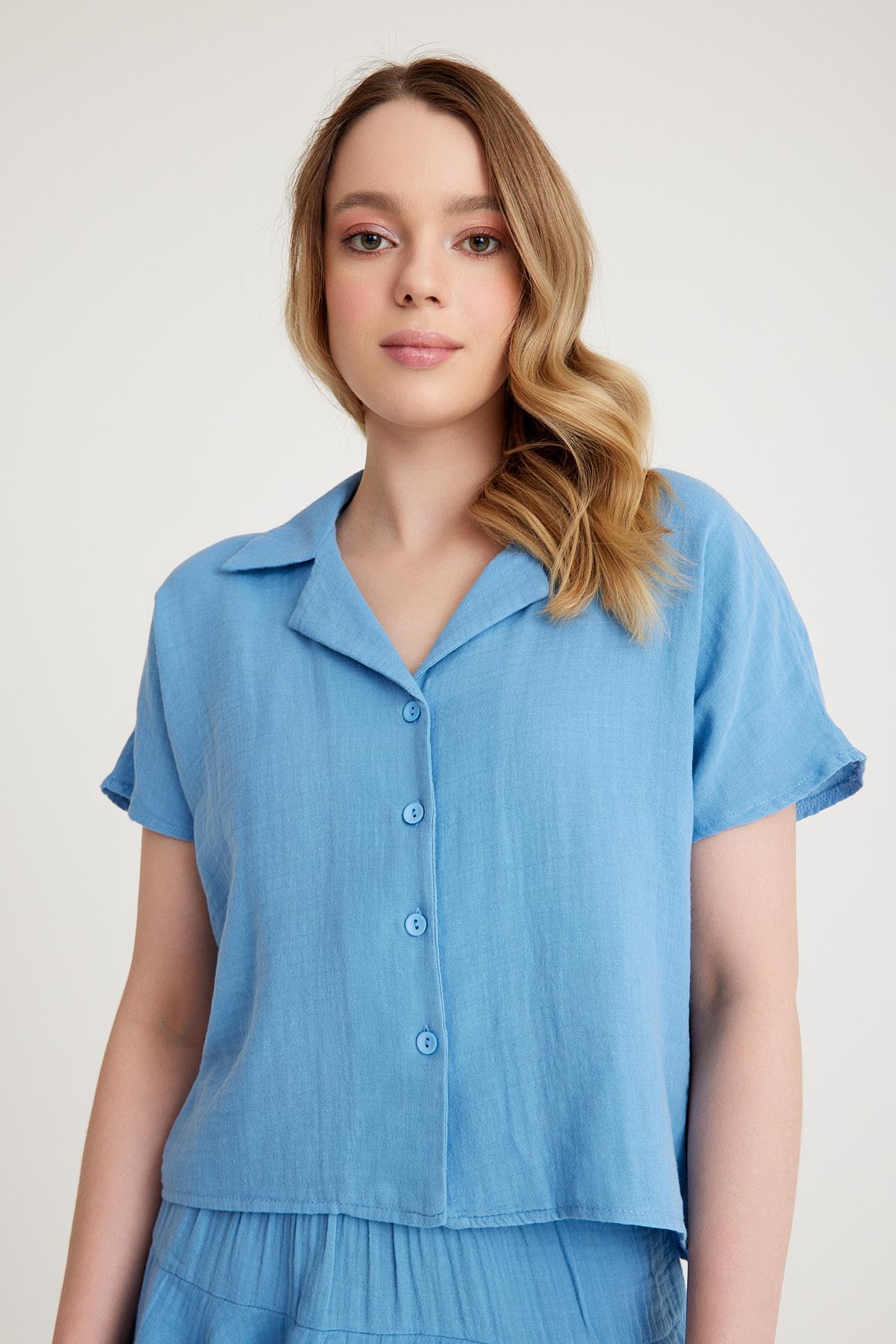 Ceket Yaka Gömlek - Mavi