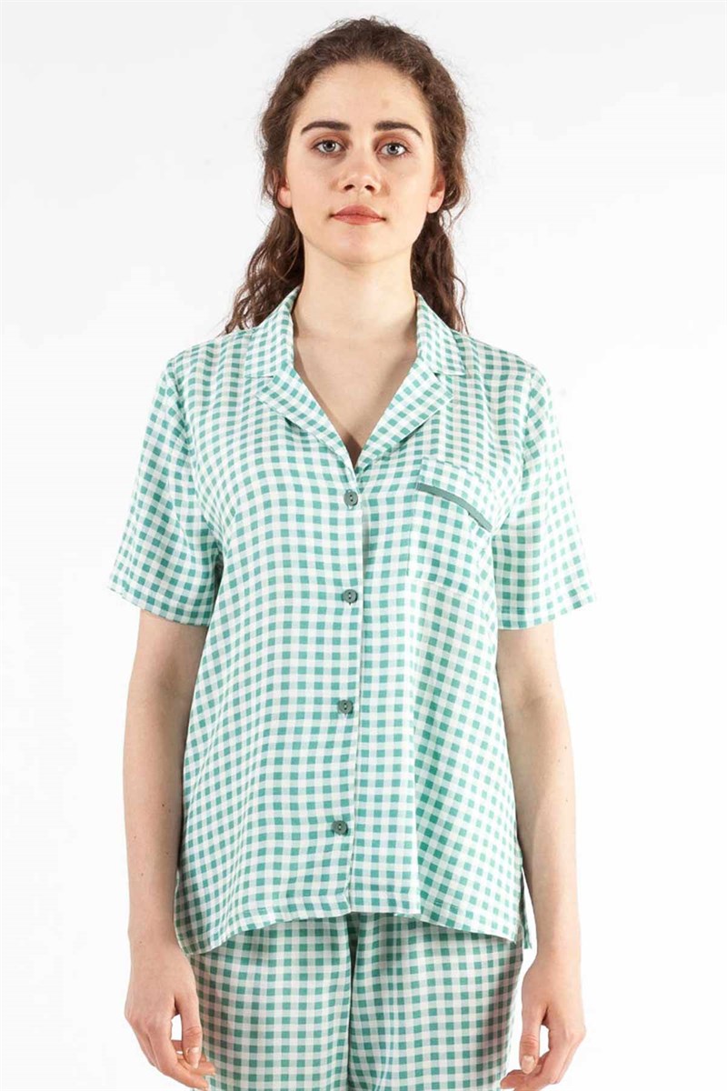 Cepli Pijama Üstü- Ekru Mint Kareli