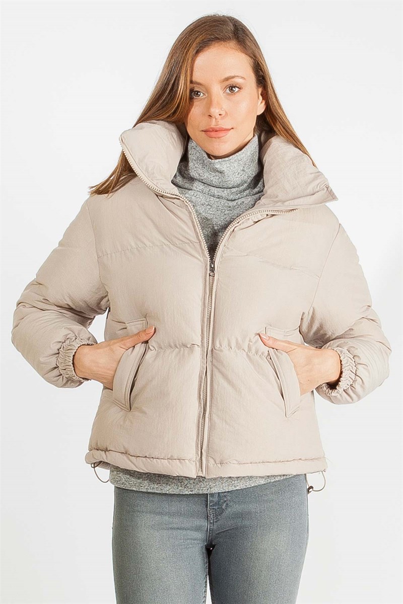 Dik Yaka Şişme Mont - Bej