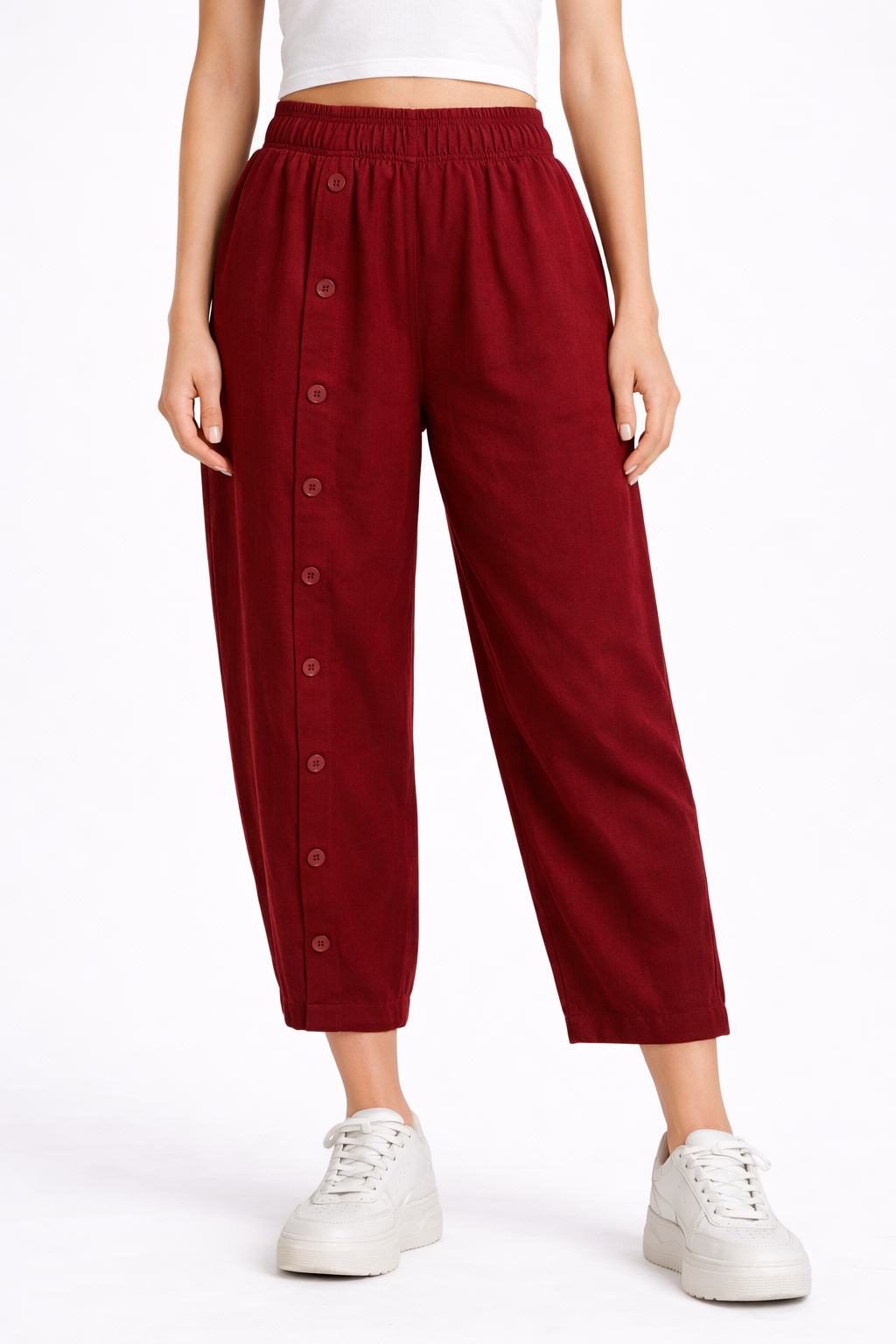 Düğme Detaylı Pantolon - Bordo