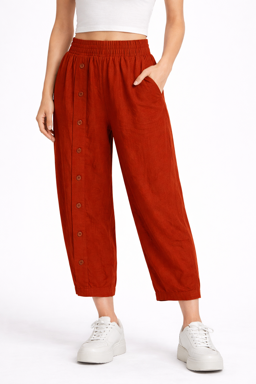 Düğme Detaylı Pantolon - Kiremit