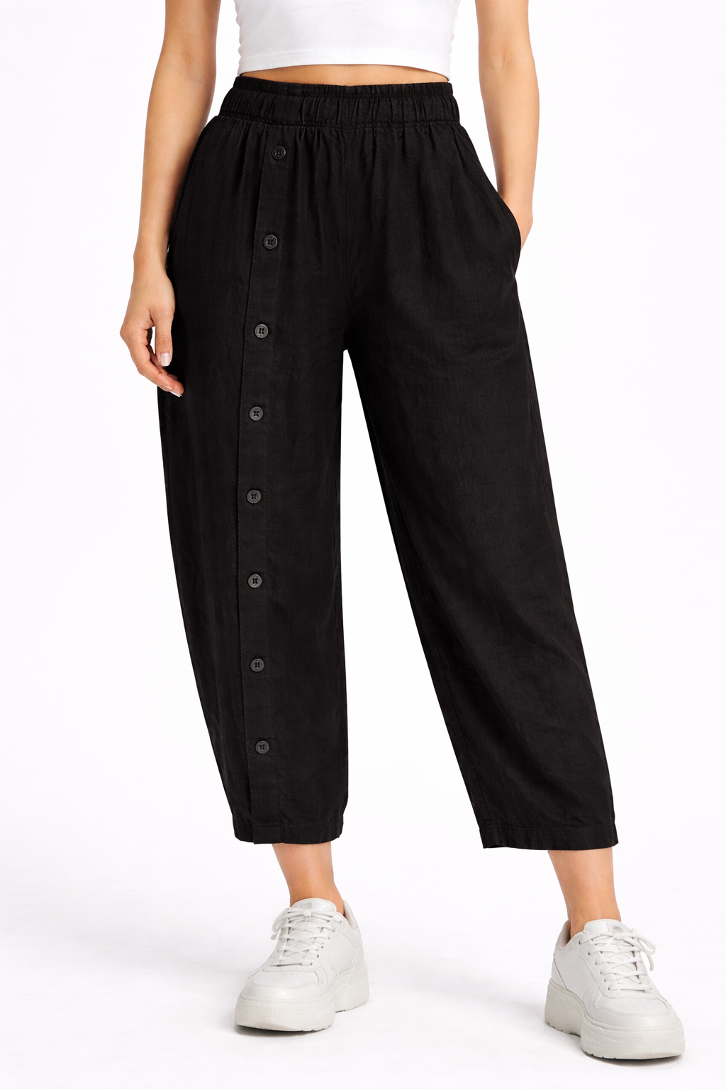 Düğme Detaylı Pantolon - Siyah