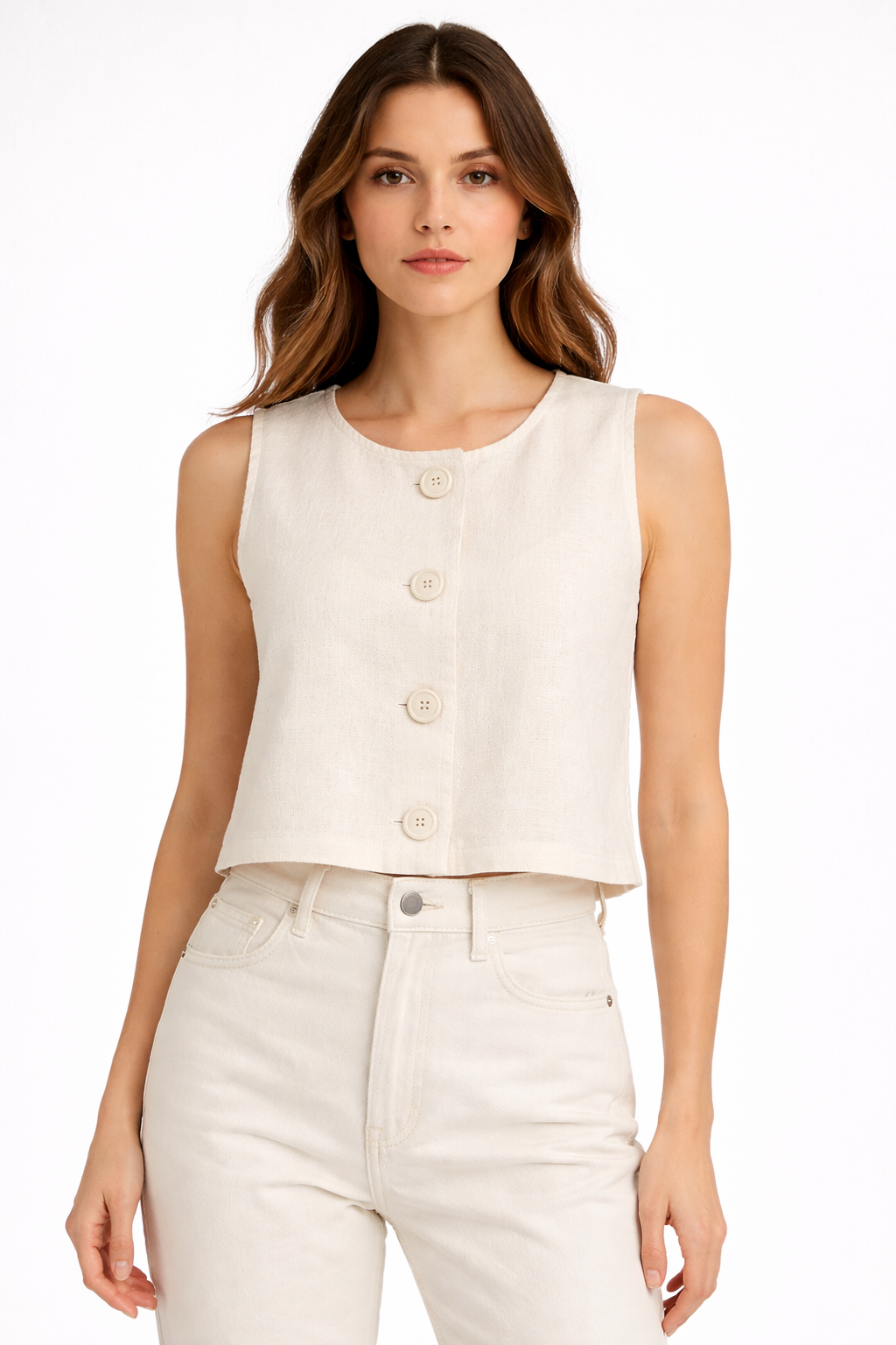 Düğmeli Crop Gömlek - Ekru