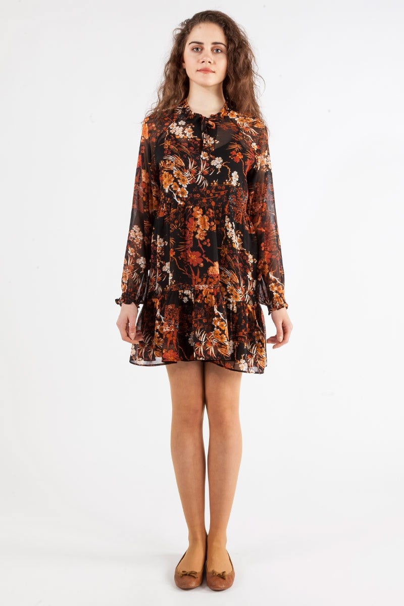 Fırfırlı Elbise - Siyah Çiçekli