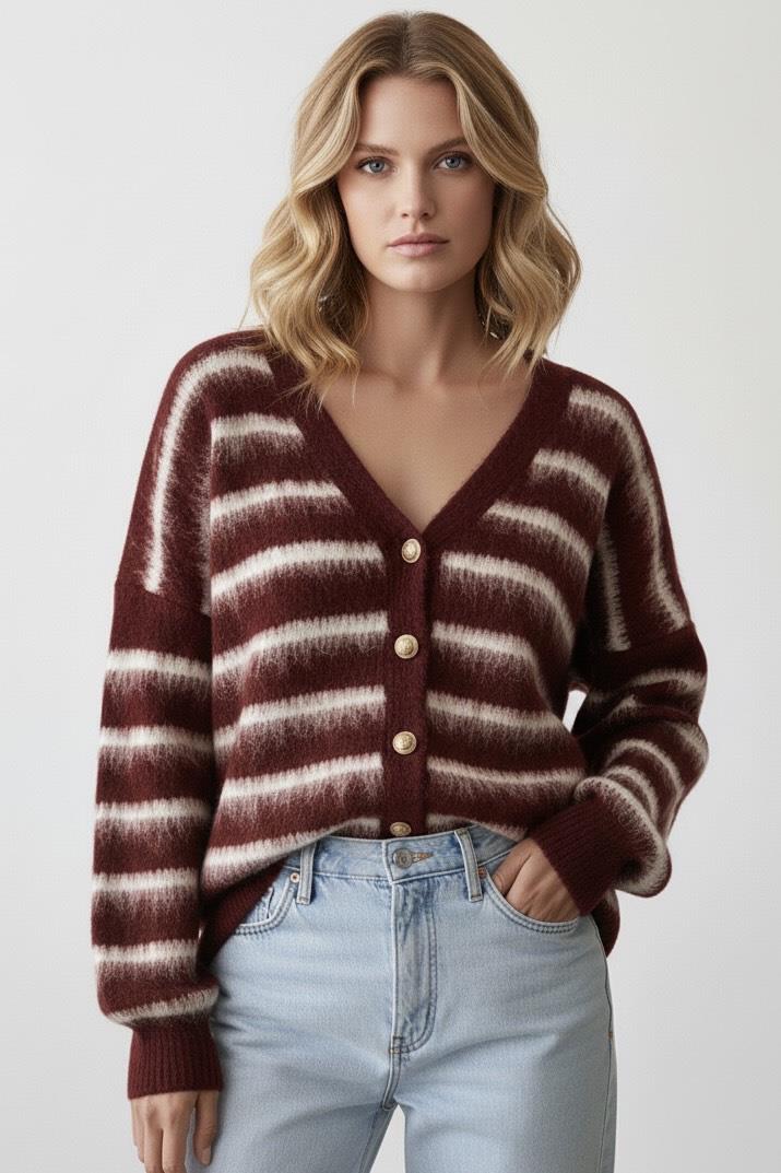 Hırka-Bordo Ekru Çizgili