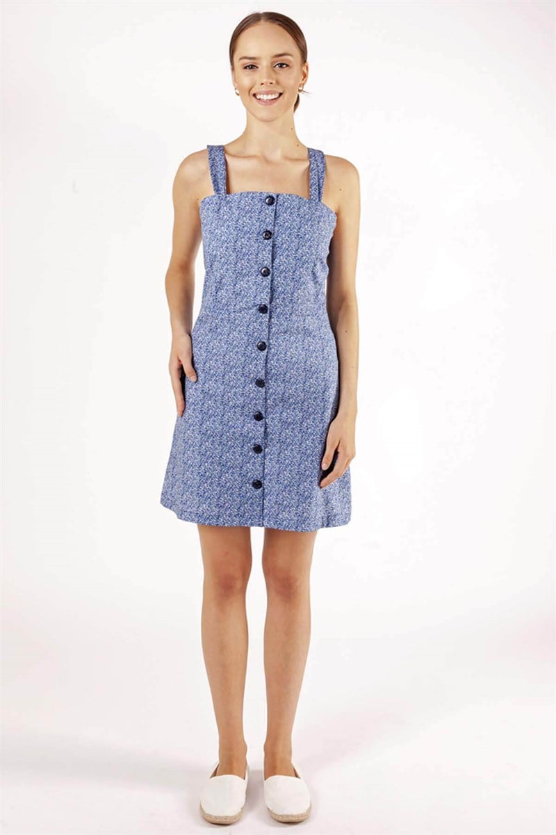 Kalın Askılı Elbise - Mavi Çiçekli