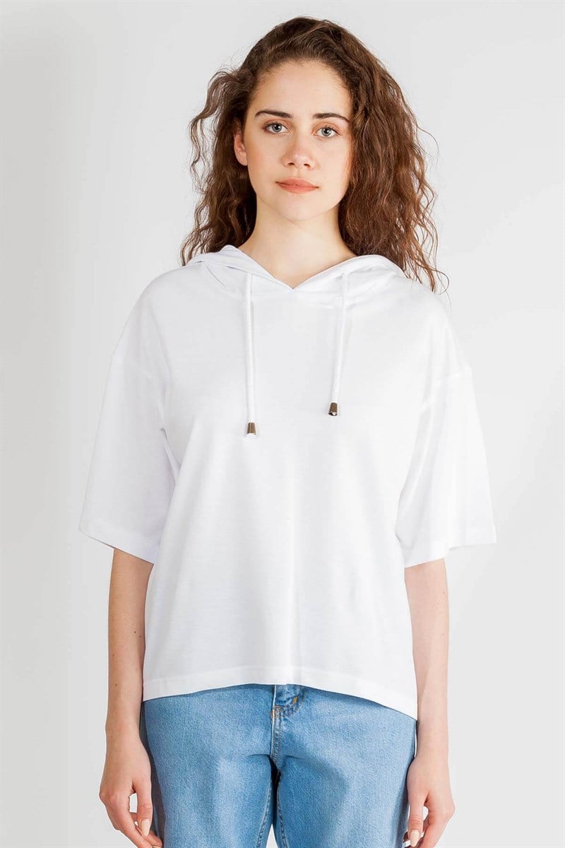 Kapüşonlu Sweatshirt - Beyaz