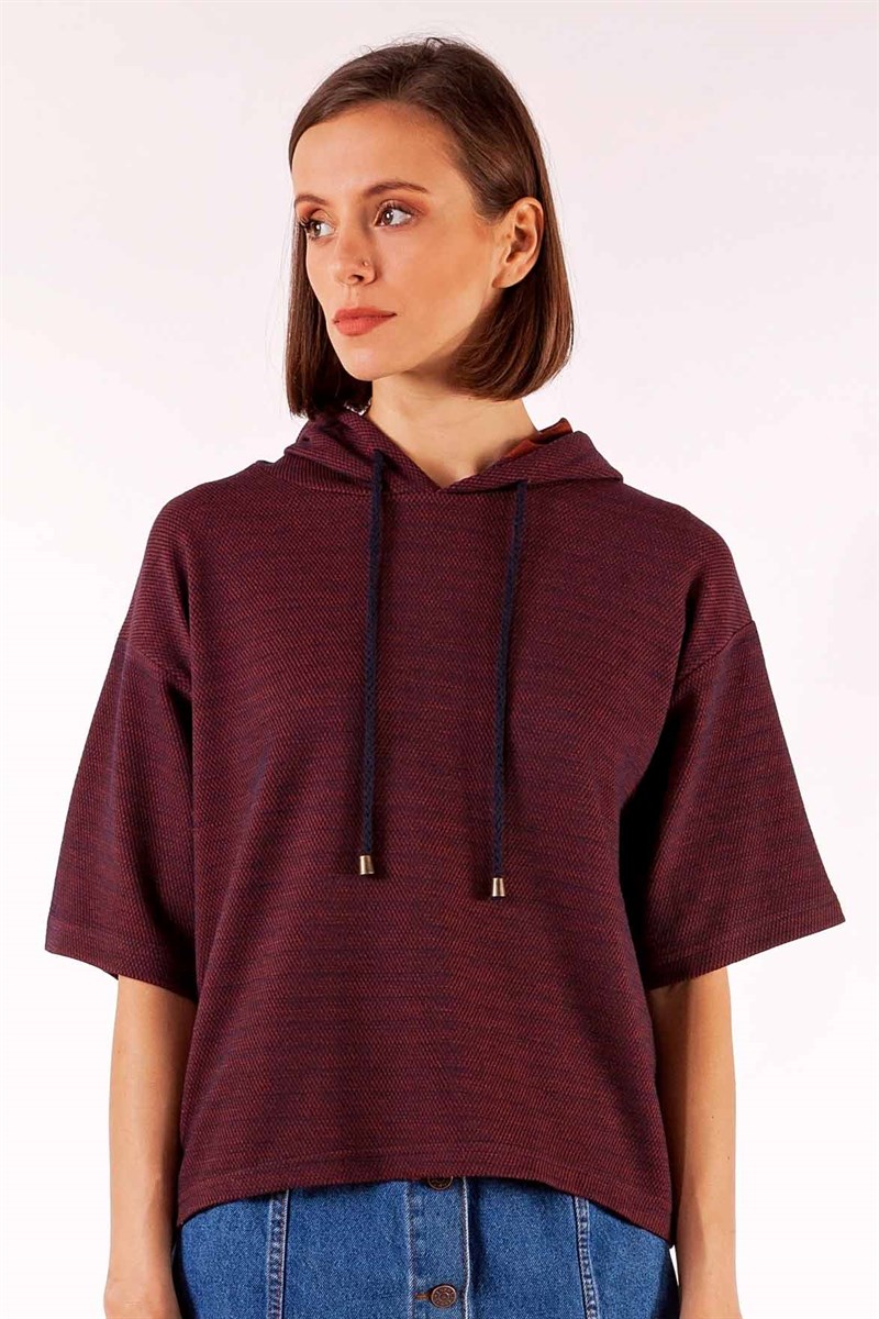 Kapüşonlu Sweatshirt - Bordo Desenli