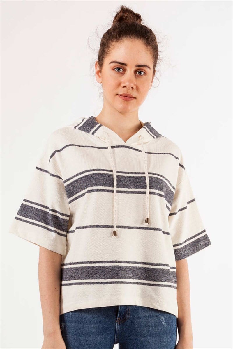 Kapüşonlu Sweatshirt - Ekru Antrasit Çizgili