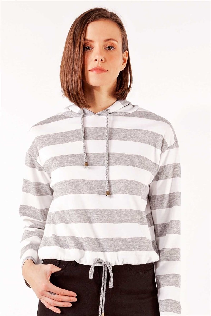 Kapüşonlu Sweatshirt - Ekru Gri Çizgili