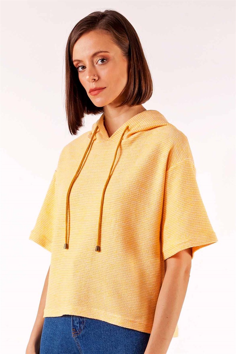 Kapüşonlu Sweatshirt - Hardal Desenli