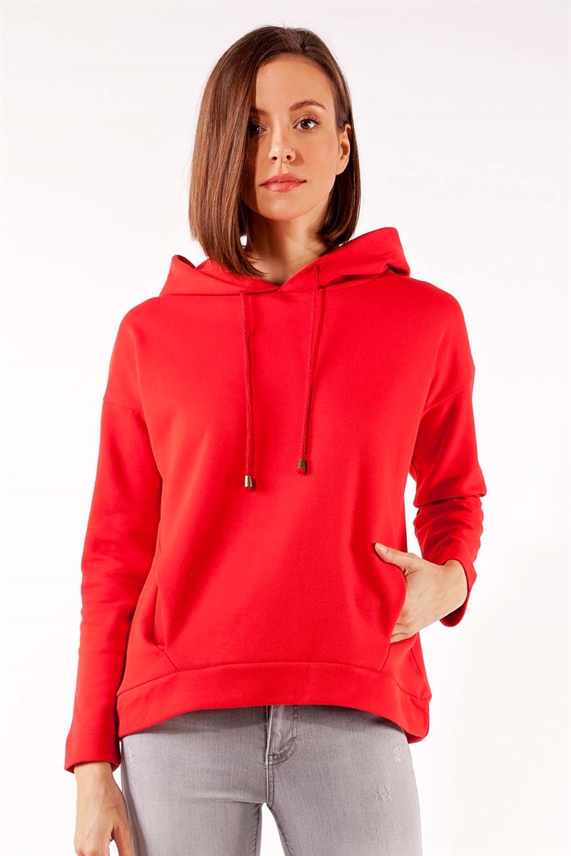 Kapüşonlu Sweatshirt - Kırmızı