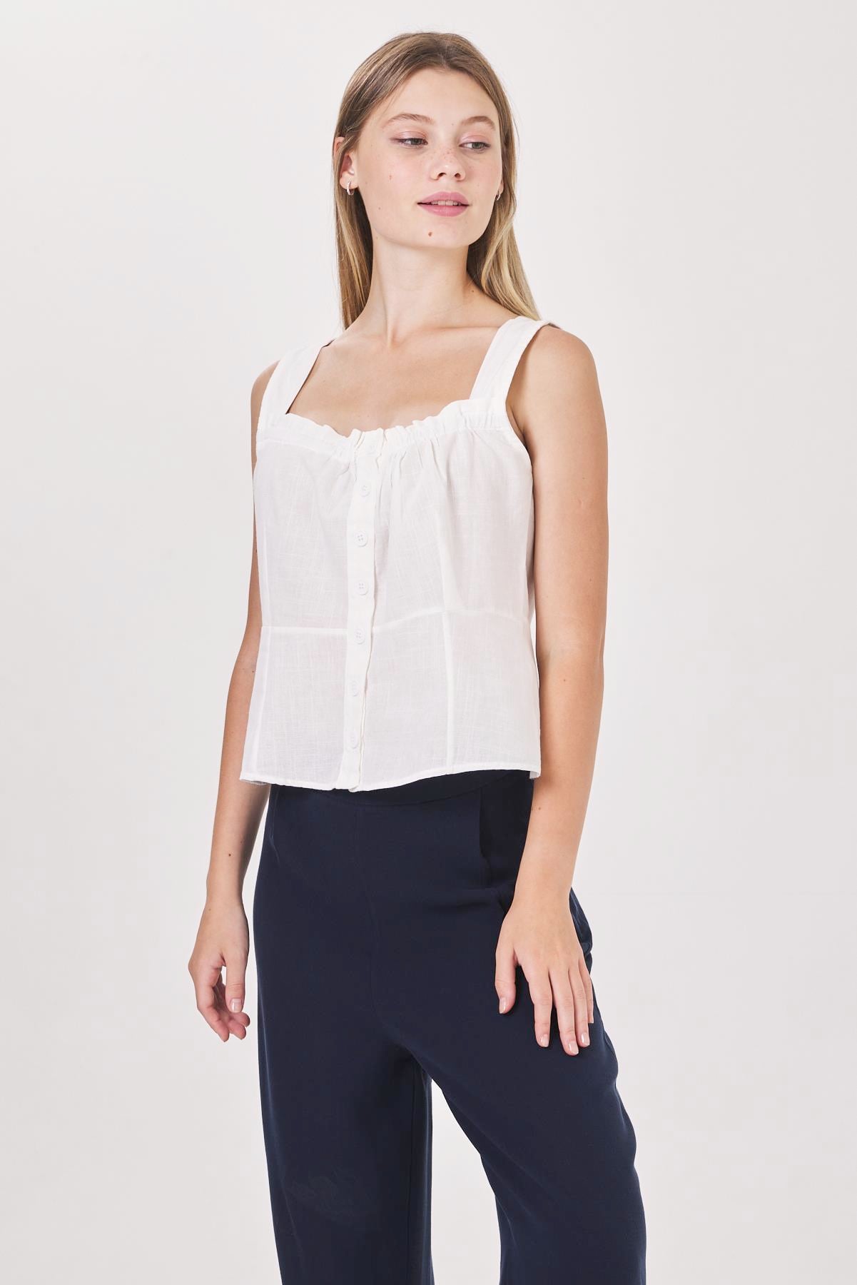 Kare Yaka Bluz - Ekru