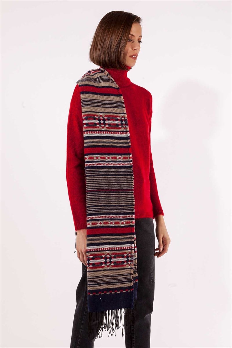 Kilim Desenli Püsküllü Şal -Kahve Desenli