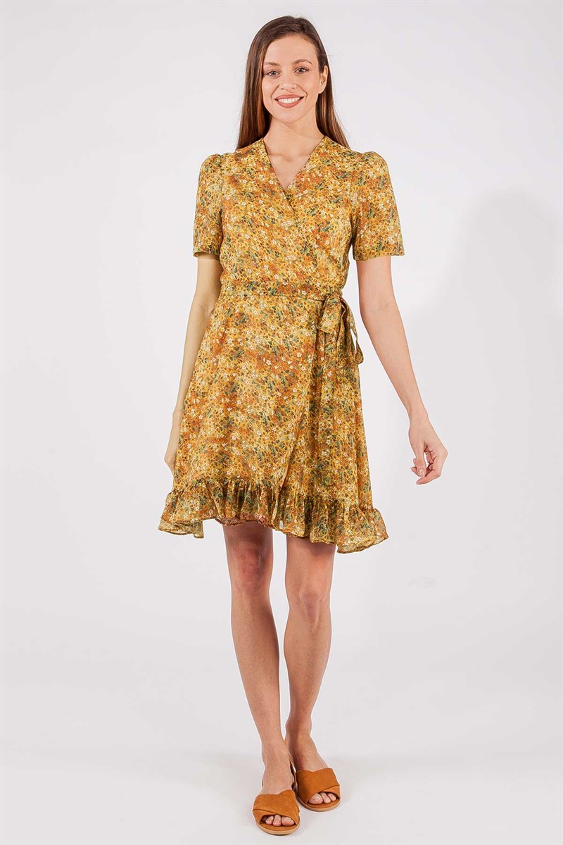 Kruvaze Elbise - Hardal Çiçekli