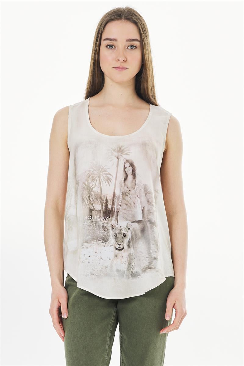 Oval Yaka Bluz - Bej Desenli