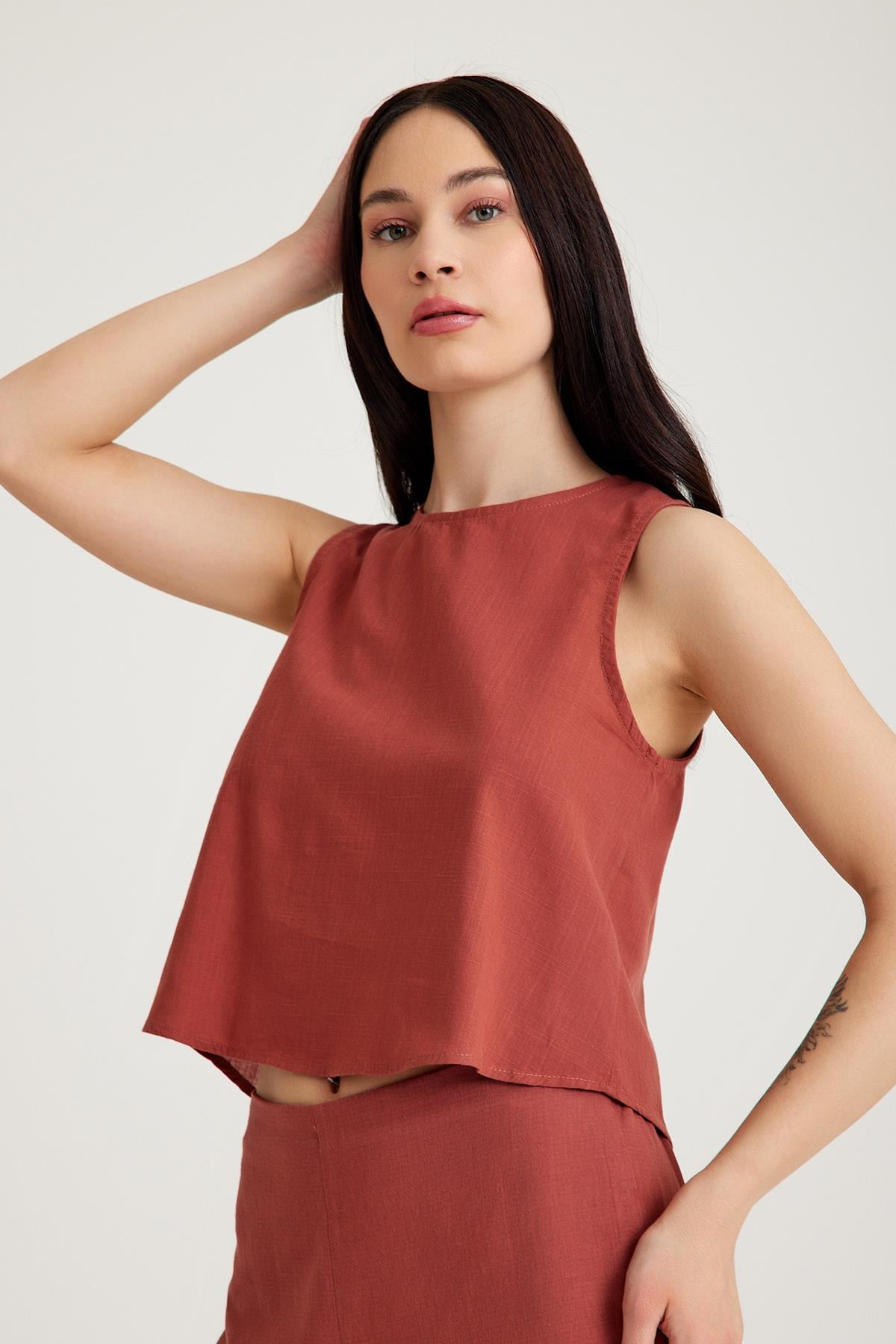 Oval Yaka Bluz - Gül Kurusu