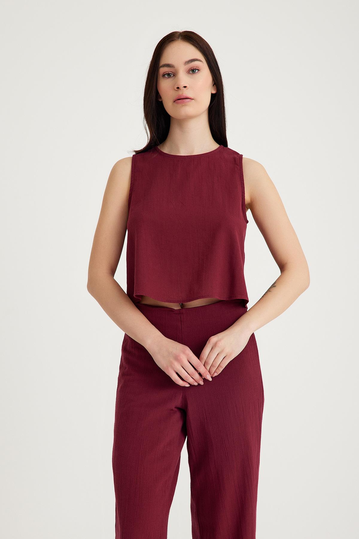 Oval Yaka Bluz - Mürdüm