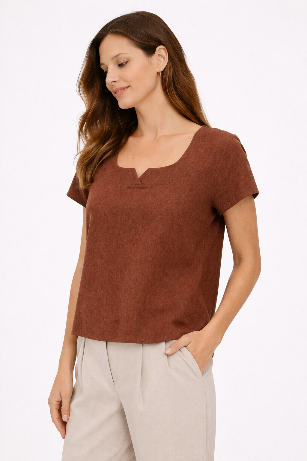 Oval Yaka Bluz - Sütlü Kahve