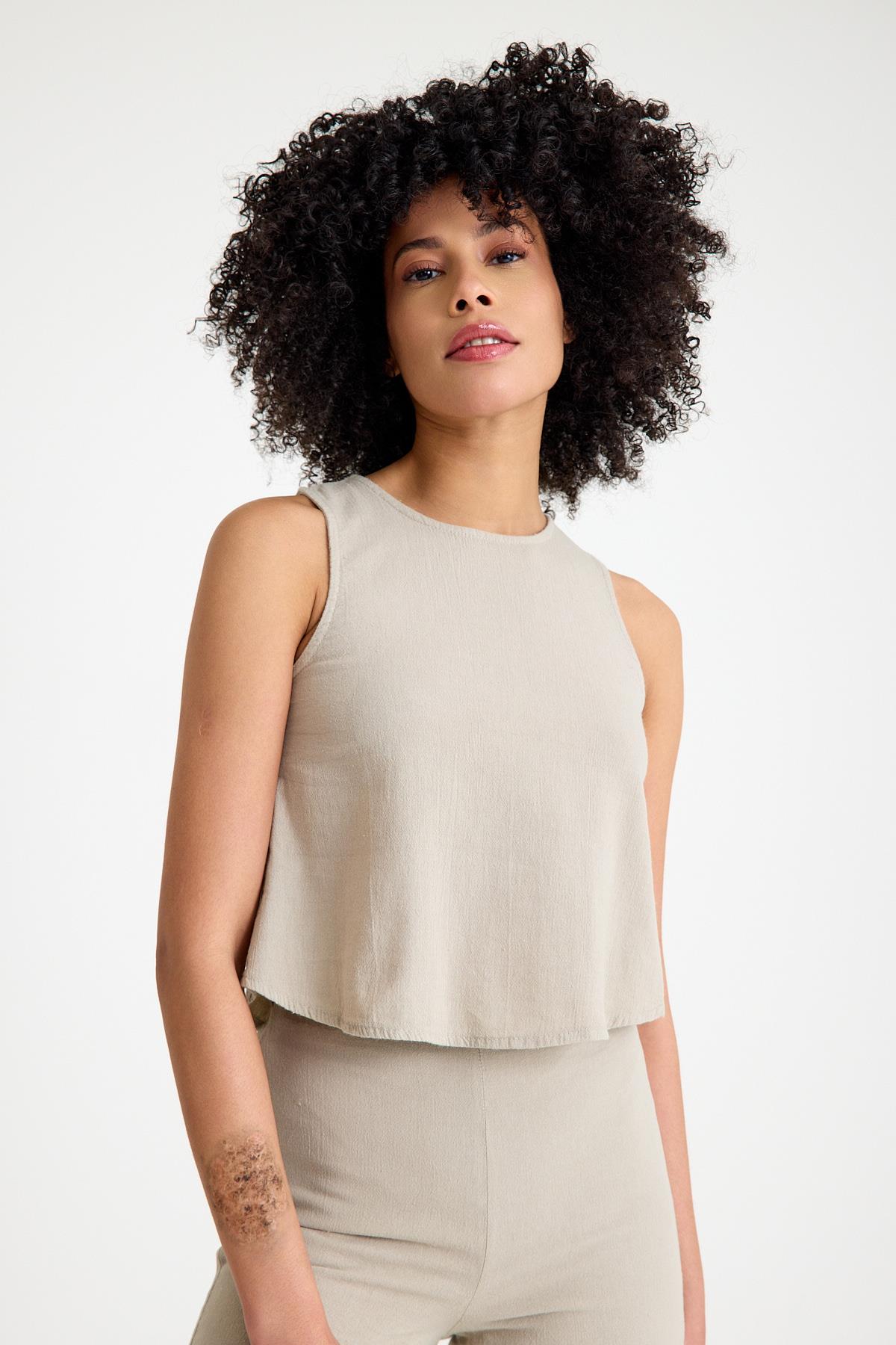 Oval Yaka Bluz - Taş