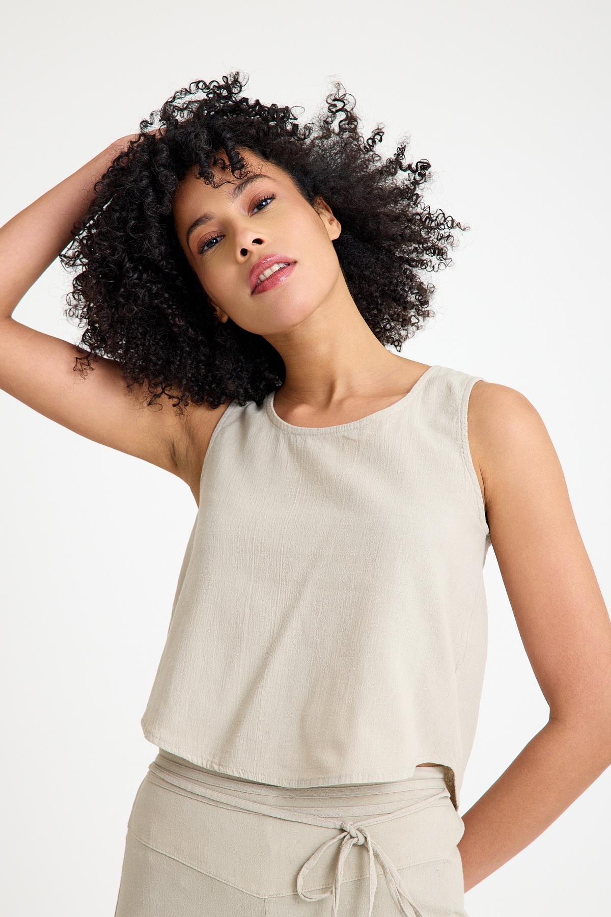 Oval Yaka Bluz - Taş