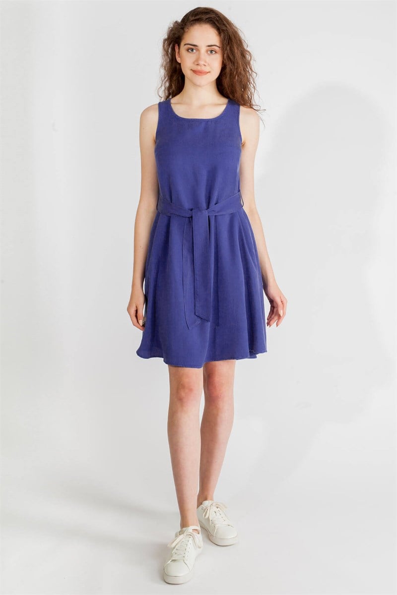 Oval Yaka Elbise - Mavi