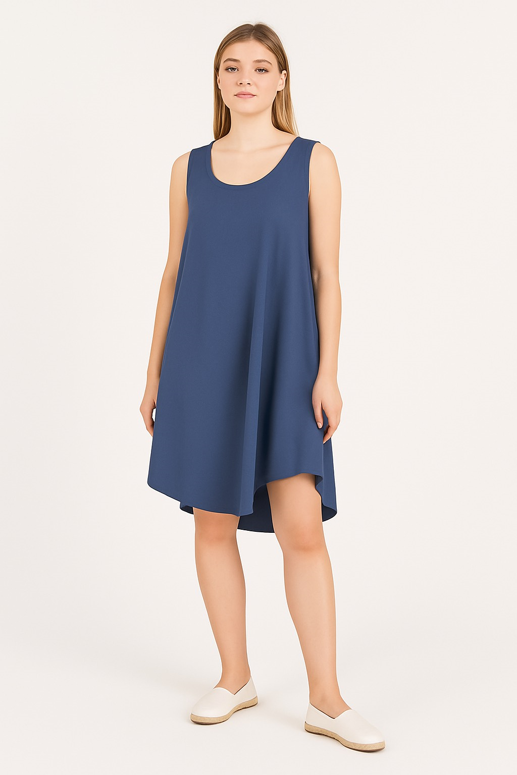 Oval Yaka Elbise - Petrol Mavisi