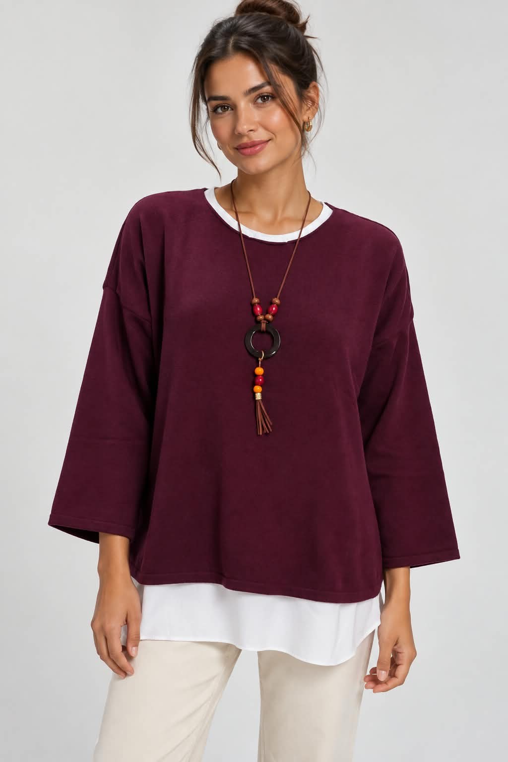 Oval Yaka Kolyeli Bluz-Bordo