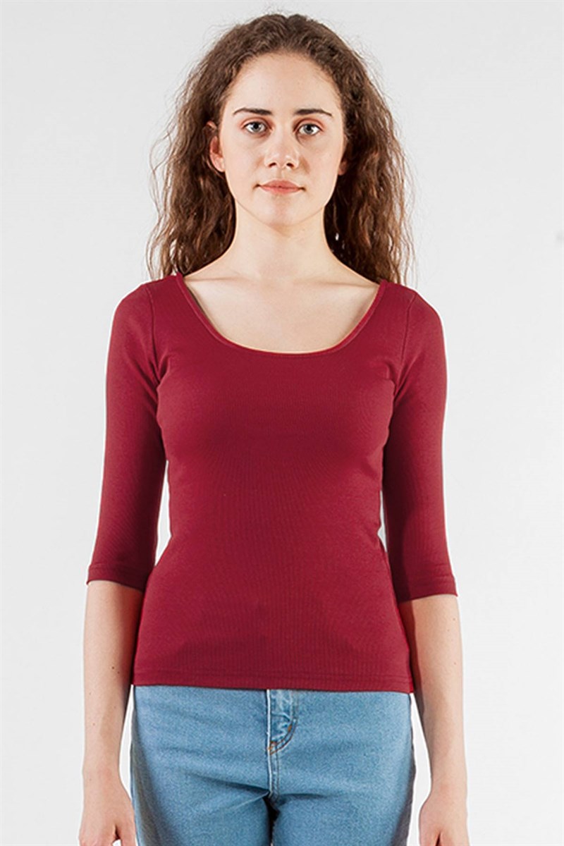 Oval Yaka Tişört - Bordo