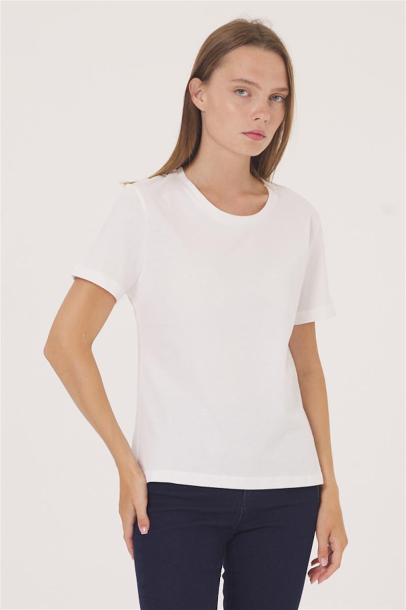 Oval Yaka Tişört - Ekru