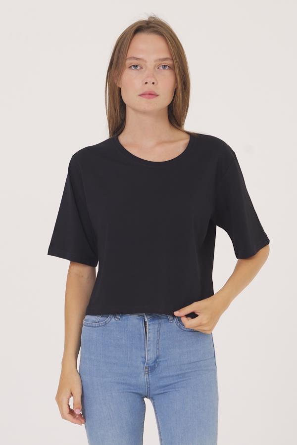 Oval Yaka Tişört - Siyah