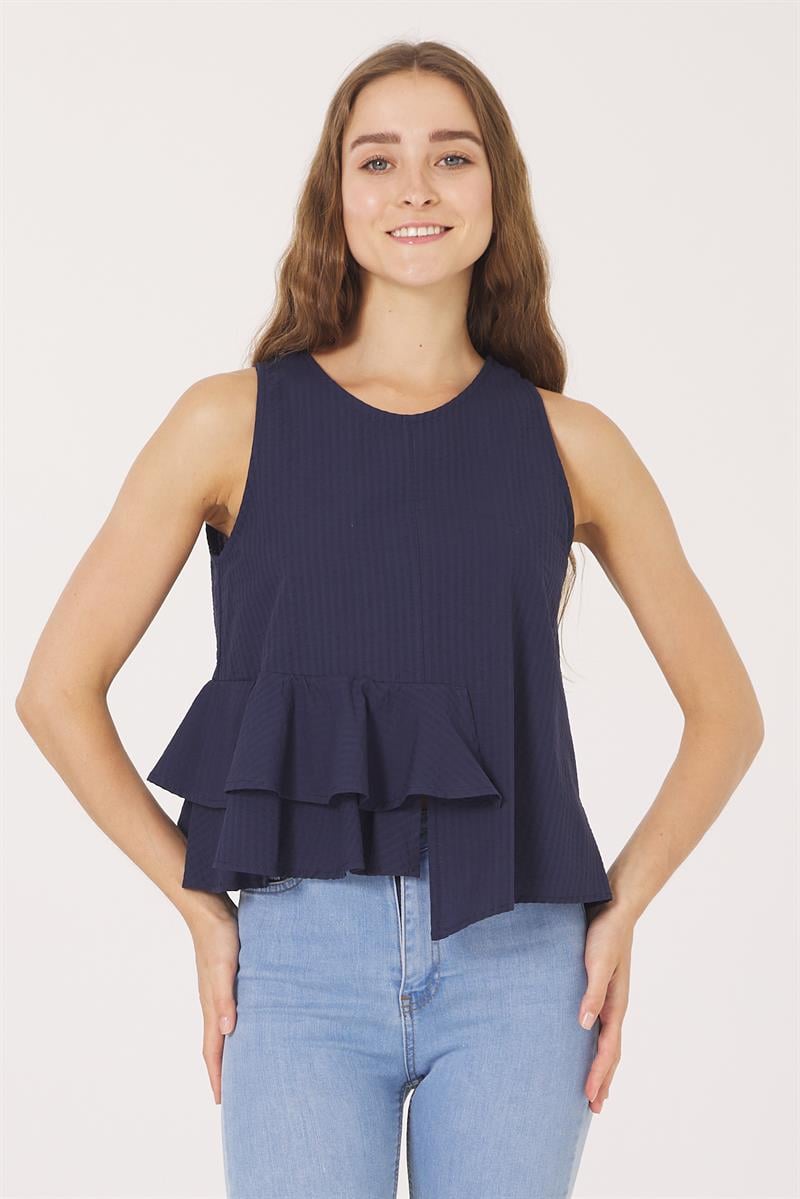Oval Yaka Tunik - Lacivert Çizgili