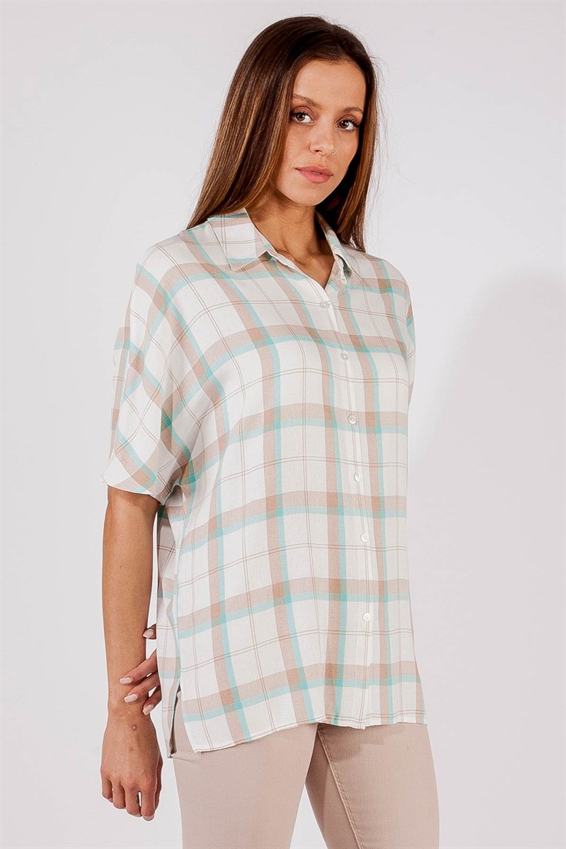 Oversize Gömlek - Sütlü Kahve Mavi Ekose