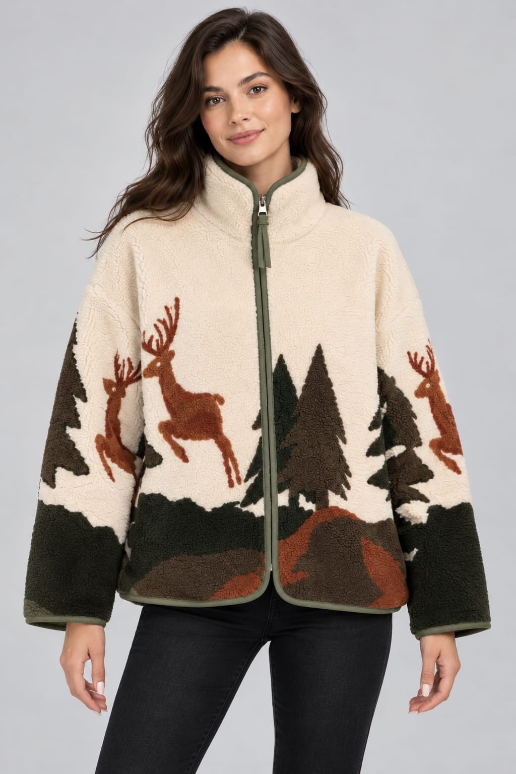Peluş Teddy Ceket-Krem Kahve Desenli