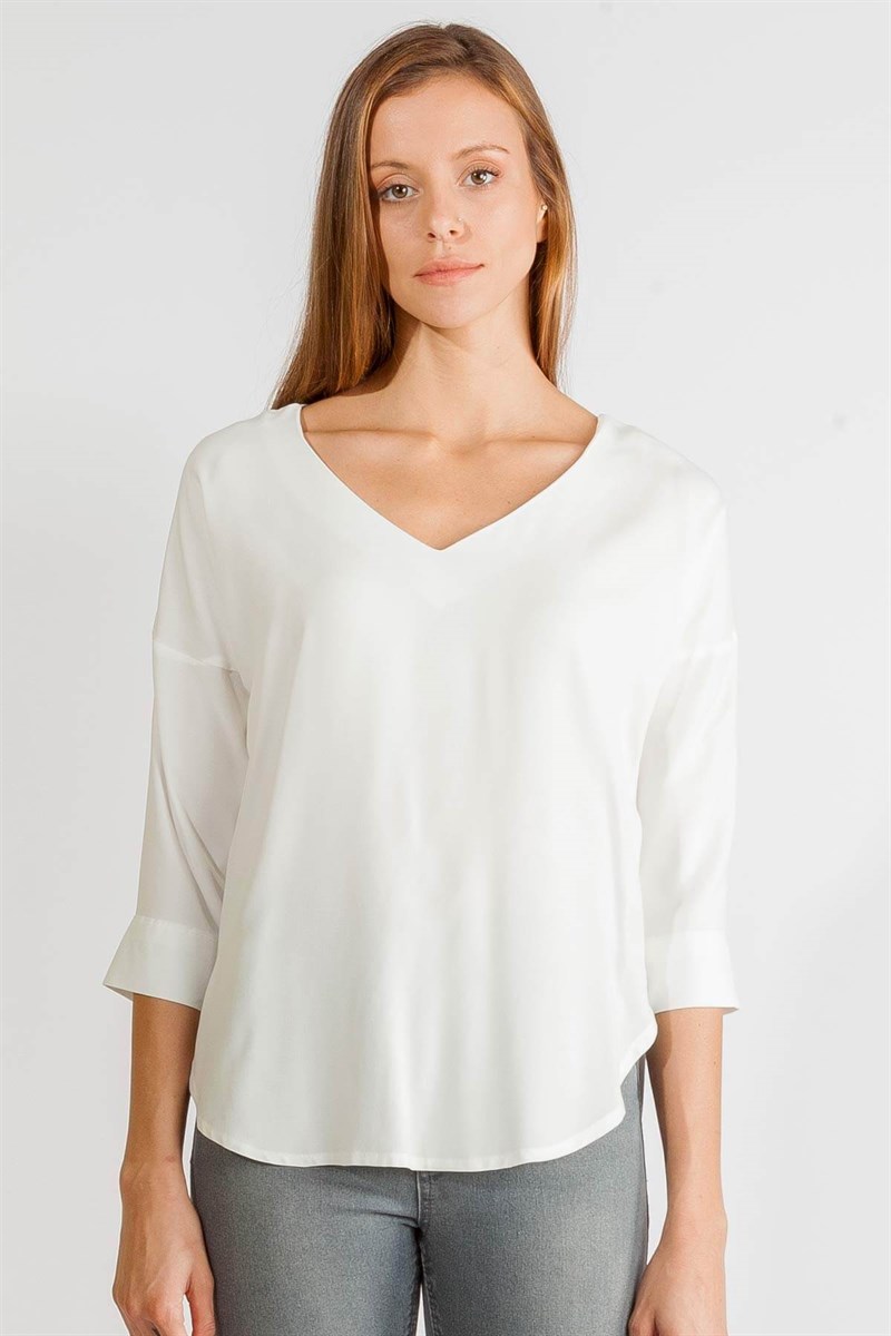 V Yaka Bluz - Ekru