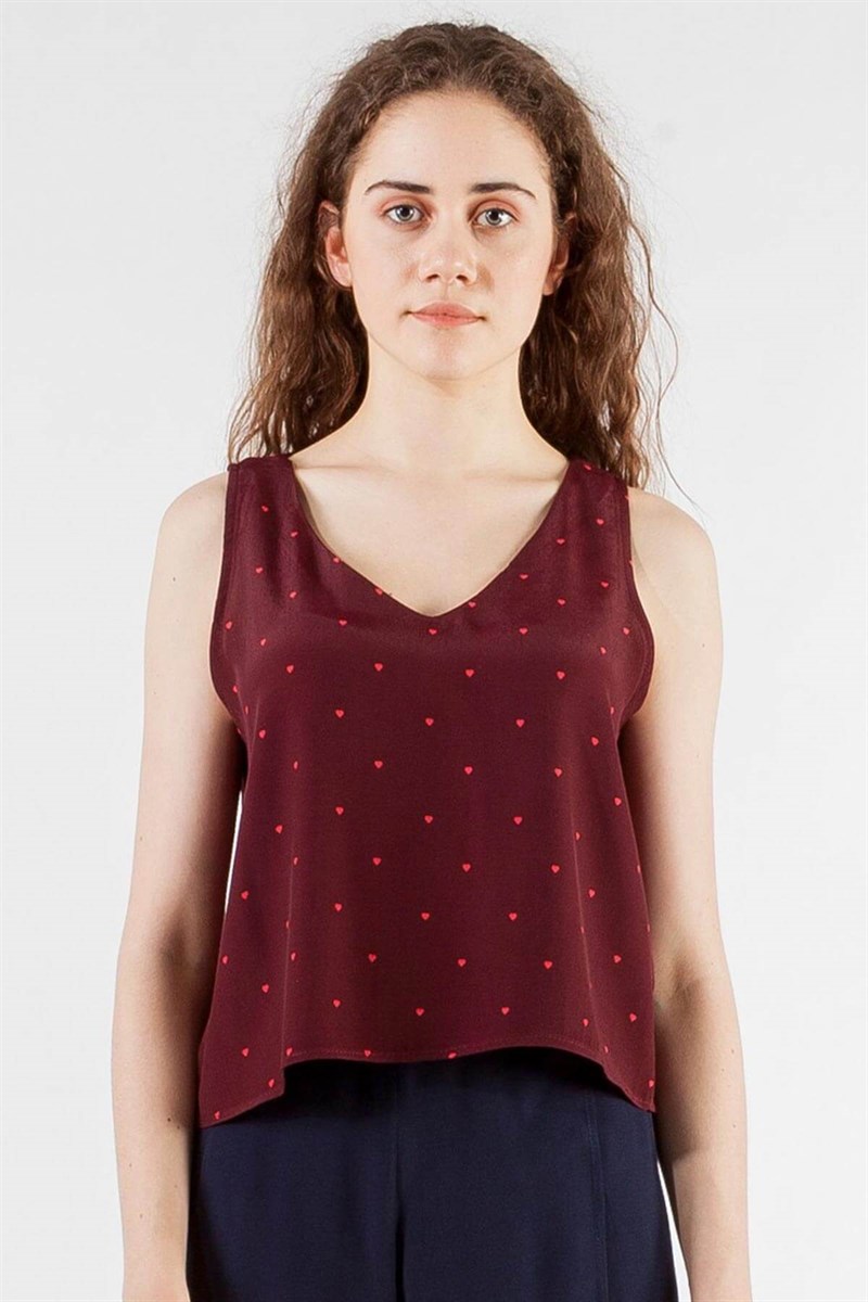 V Yaka Bluz - Mürdüm Desenli