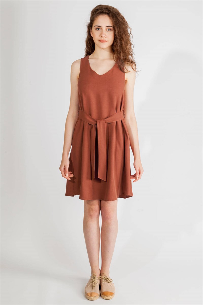 V Yaka Elbise - Kiremit