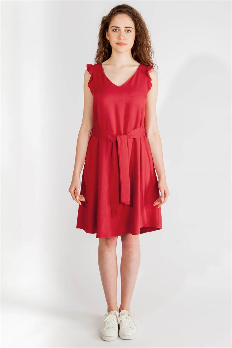 V Yaka Elbise - Kırmızı