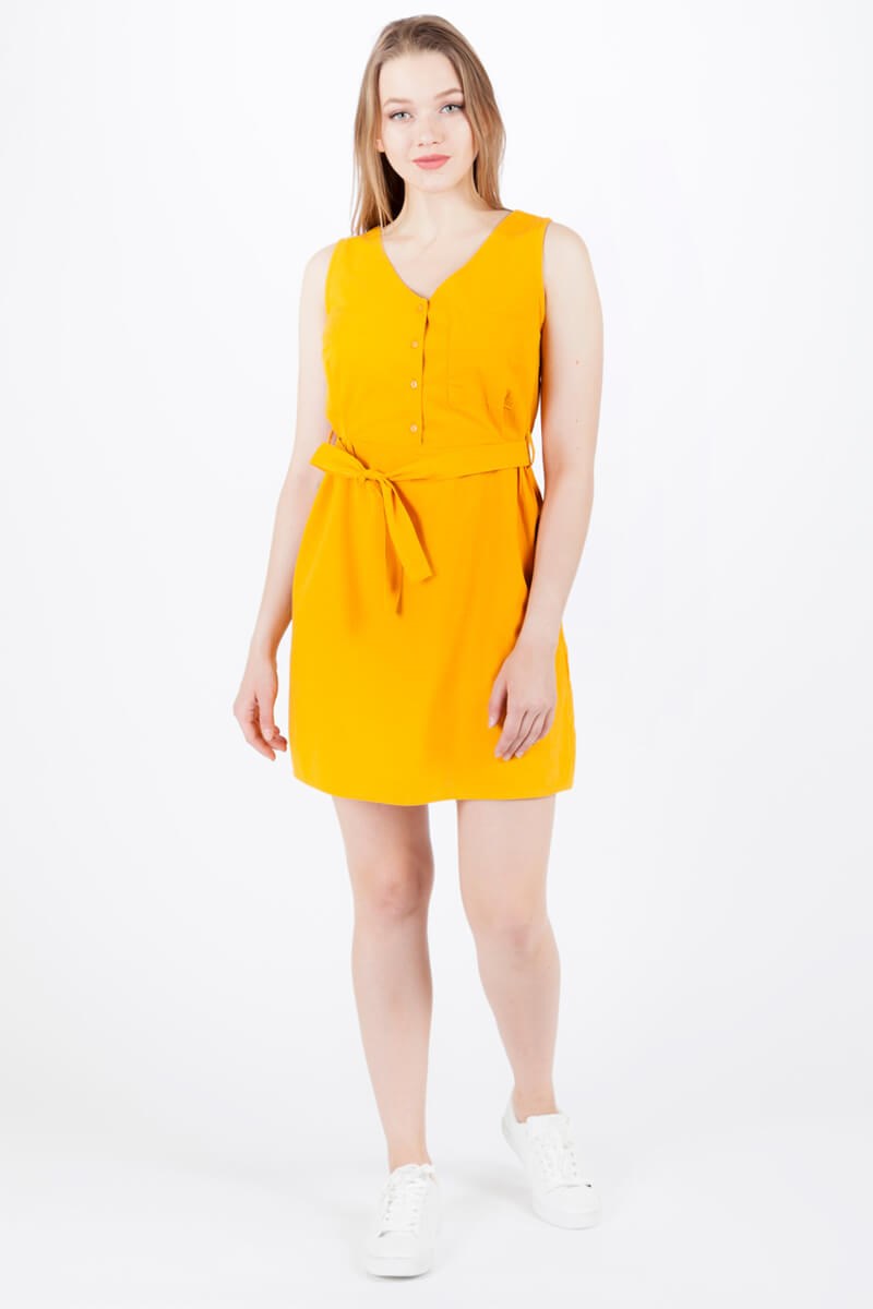 V Yaka Elbise - Sarı