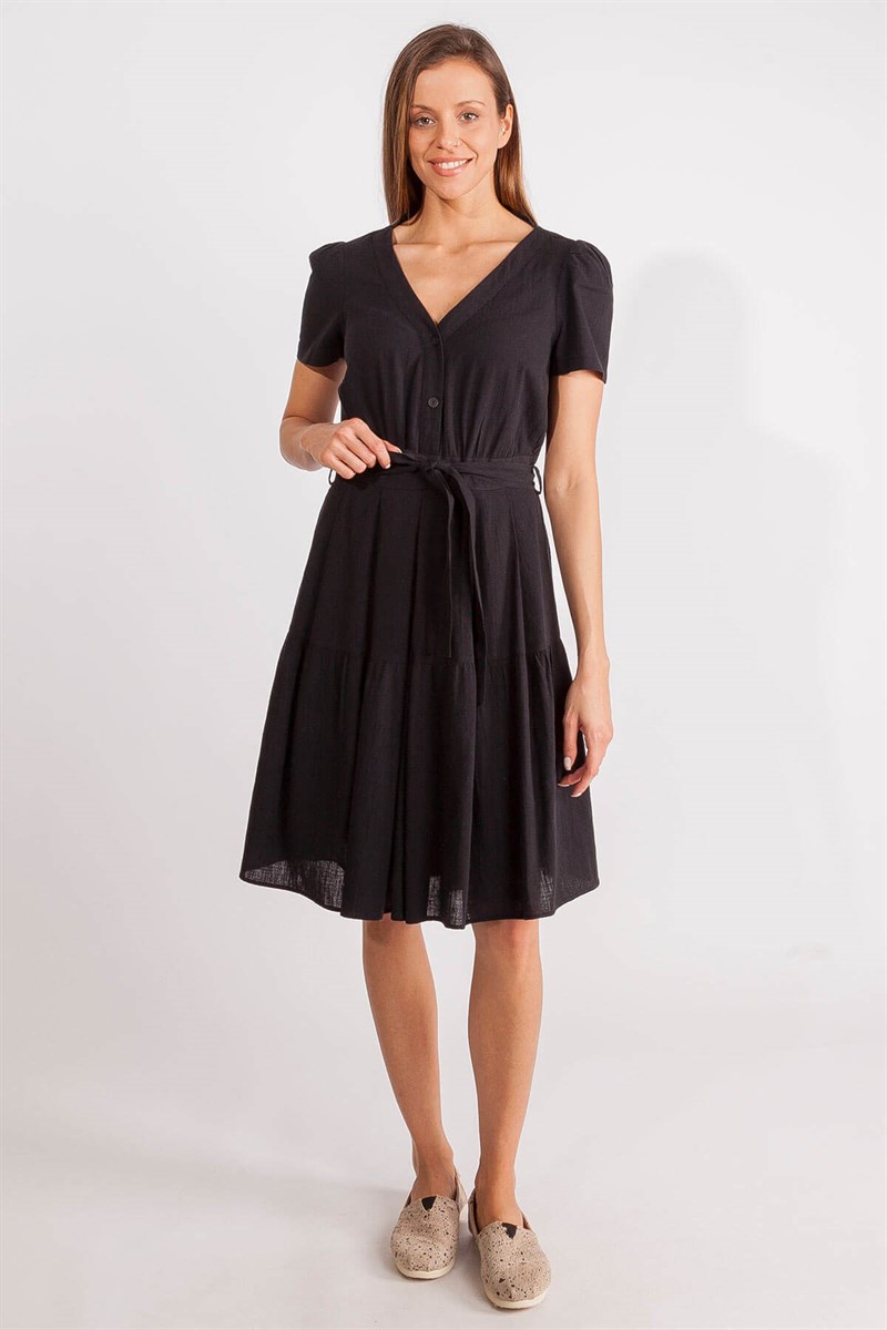 V Yaka Elbise - Siyah