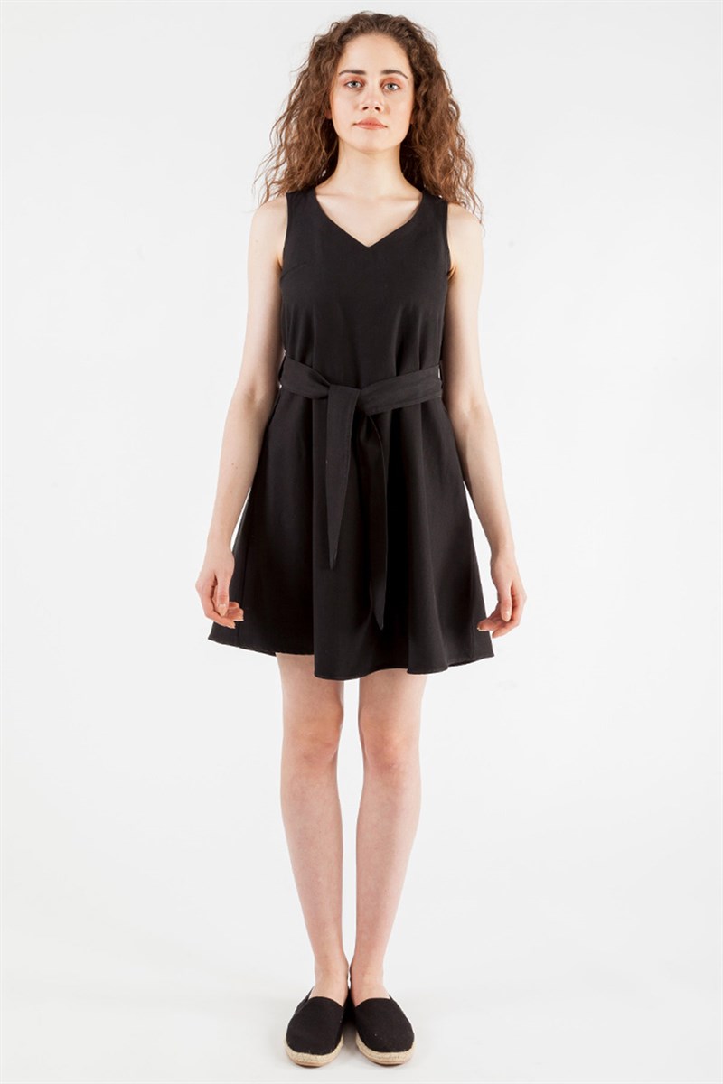 V Yaka Elbise - Siyah