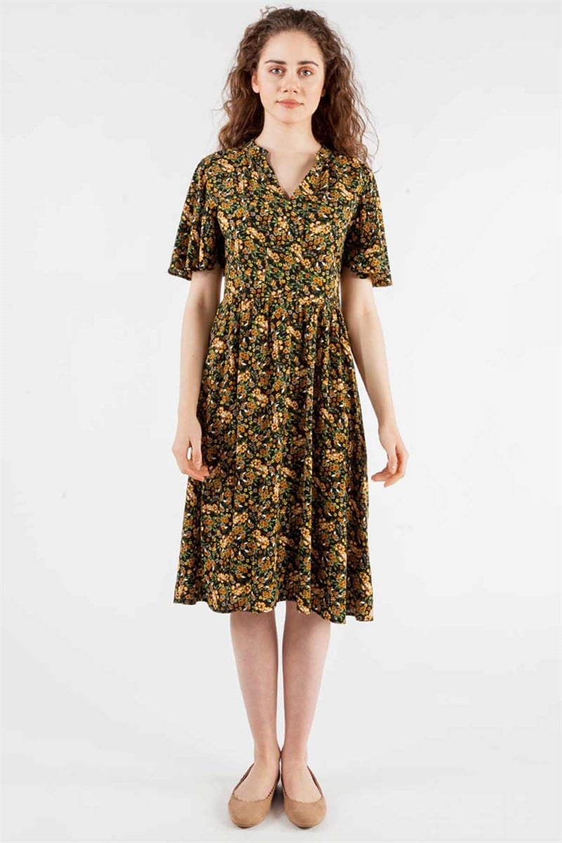 V Yaka Elbise - Siyah Haki Çiçekli