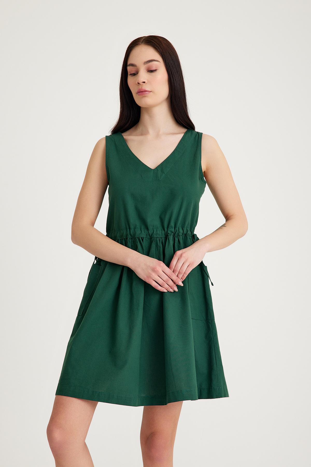 V Yaka Elbise - Petrol