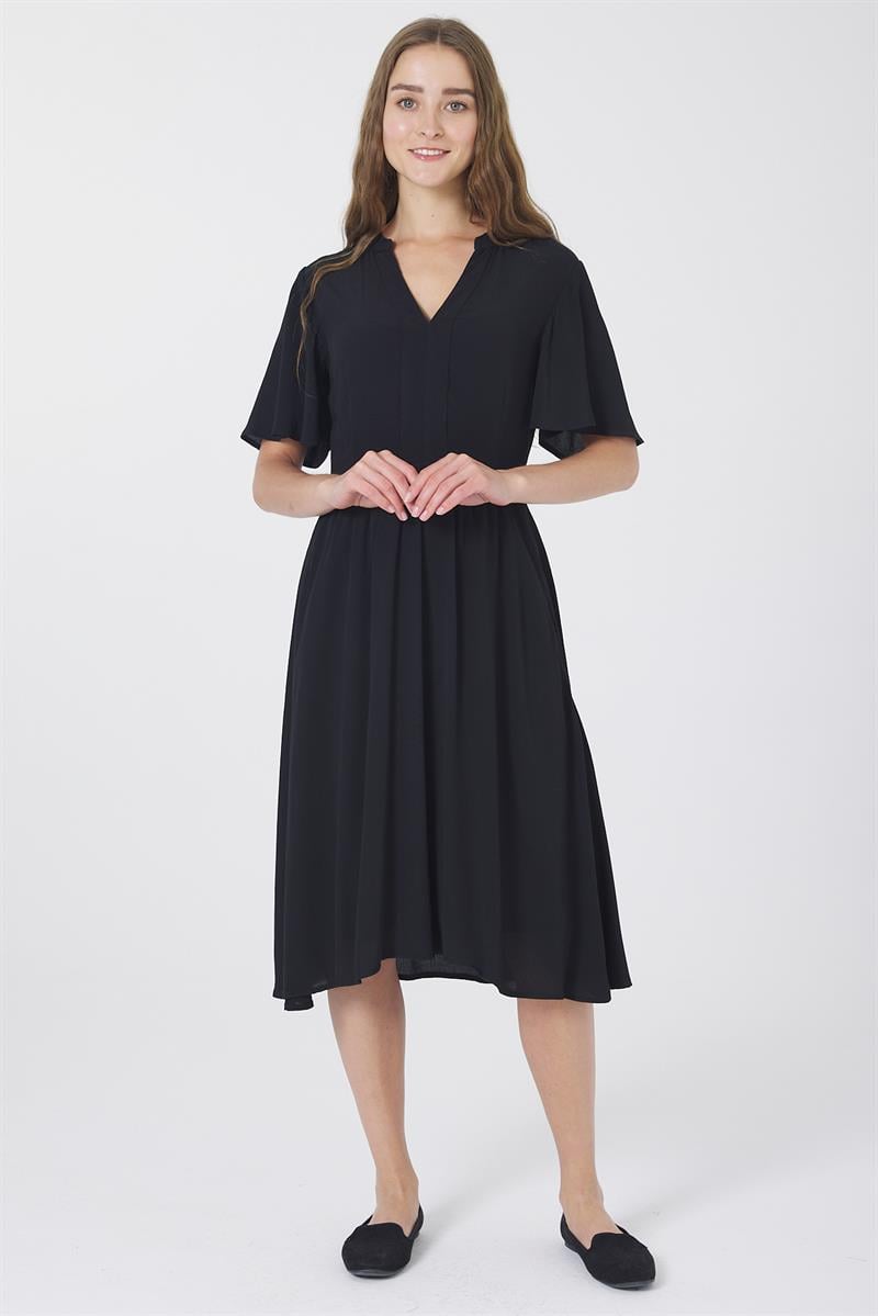 V Yaka Elbise - Siyah
