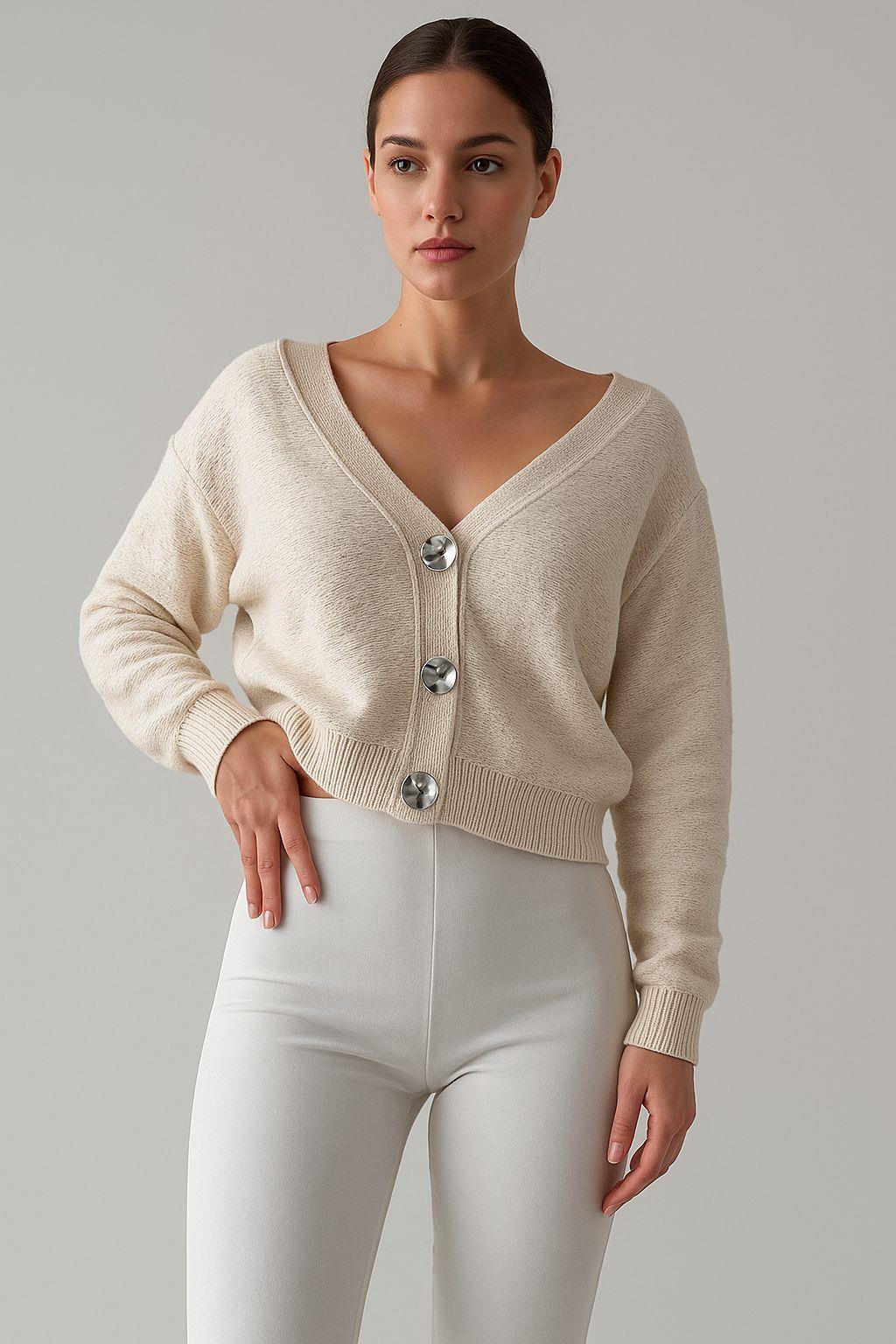 V Yaka Hırka - Ekru