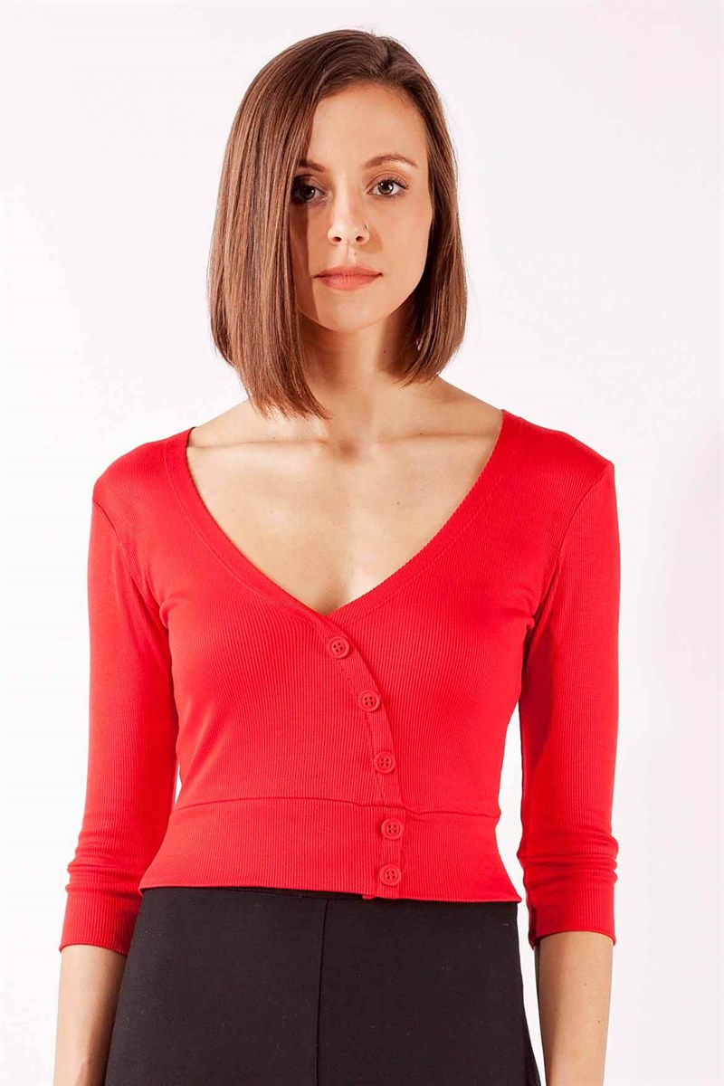 V Yaka Tişört - Kırmızı