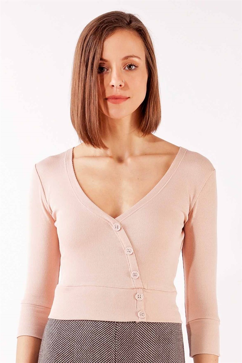 V Yaka Tişört - Pudra